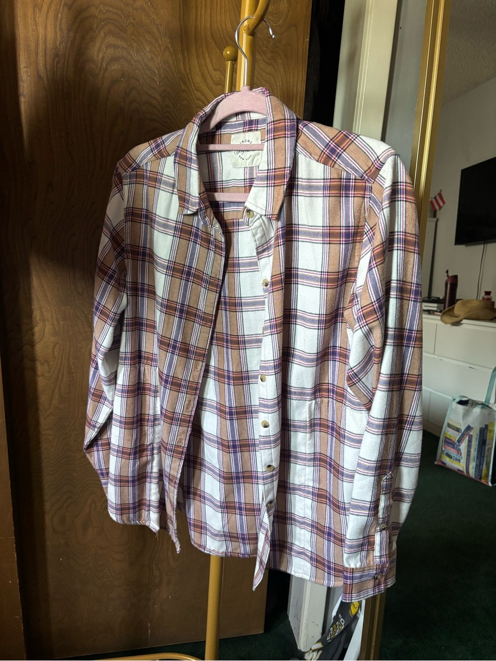 Jachs Women’s Plaid Button-Down Flannel Shirt in White, Purple & Brown